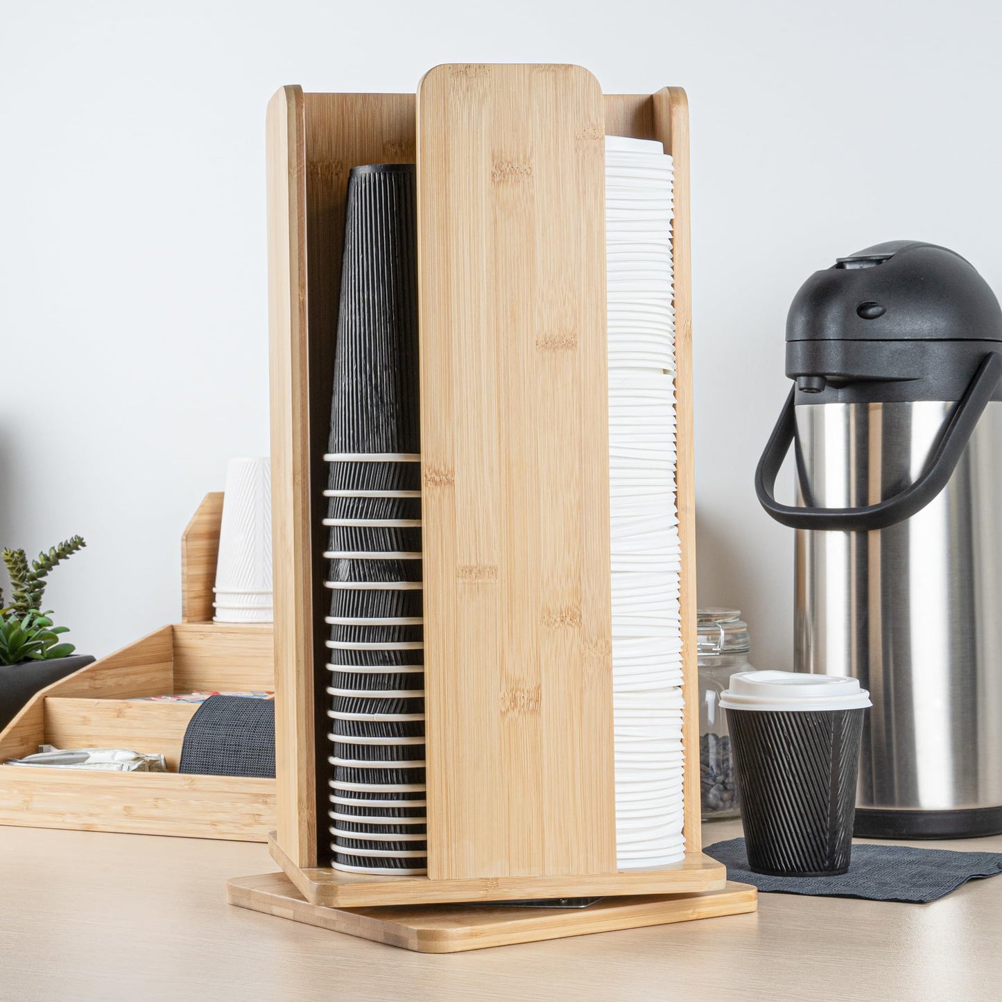 Restaurantware Restpresso 9 x 18 Inch Coffee Cup and Lid Organizer 1 Revolving Cup and Lid Holder - 4 Section Countertop Natural Bamboo Cup and Lid Dispenser For Restaurants Homes or Offices