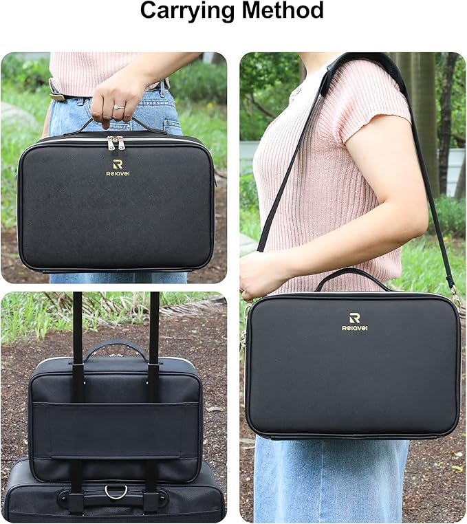 Relavel Makeup Train Case With LED Mirror, Professional Travel Cosmetic Bag with Removable Partitions,Compact Makeup Organizer, Waterproof Toiletry Case for Women, Black