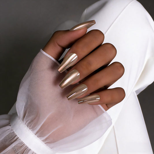 SXVME French Press On Nails Long Square - Chrome Ombre Press on Nails with Glue for Women, Nude Brown Fake Nails Press ons, Glazed Shiny Gel Glue on Nails Coffin, Reusable Nail Stick Ons, 30 Pcs
