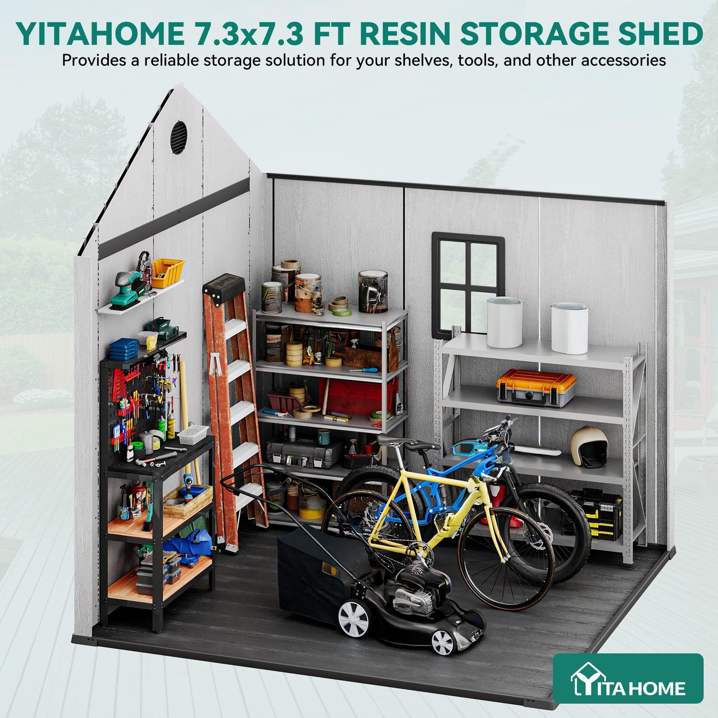 YITAHOME 8X8 ft Outdoor Plastic Storage Shed with Floor, 16mm Extra Thick Waterproof Garden Shed with Vision Window, Lockable Door & Vents, Heavy Duty Tool Storage for Patio, Lawn Mower, Bike, Gray