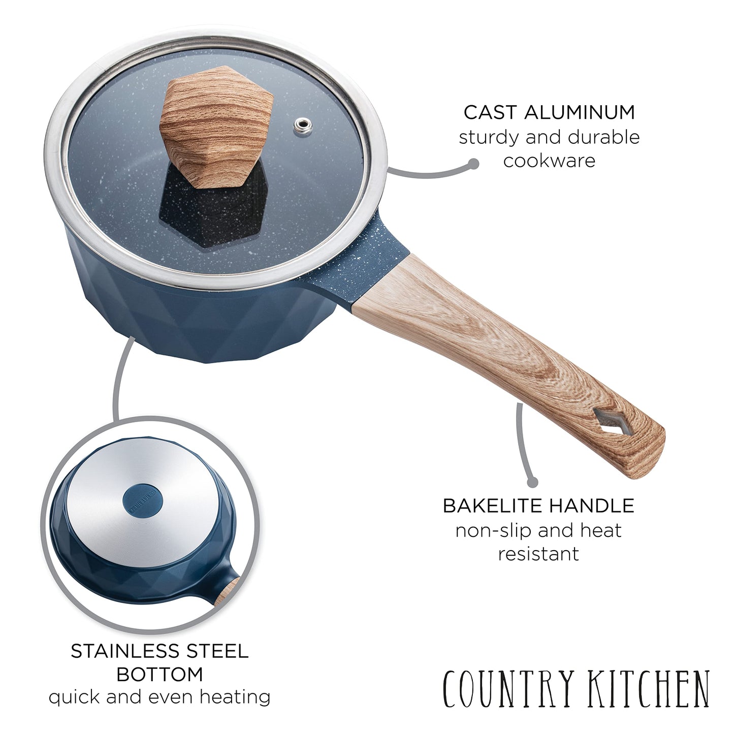 Country Kitchen Non-Stick Cast Aluminum Cookware Set - Durable Kitchen Cookware for Everyday Cooking, Navy Diamond, 11 Pc.