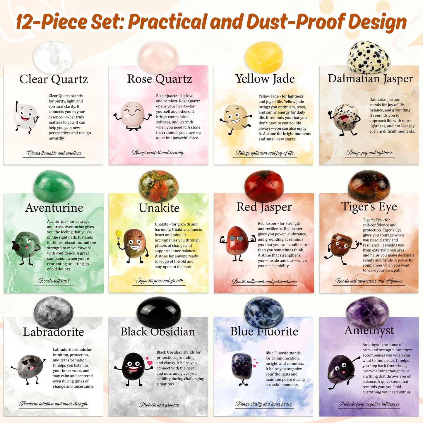 TUZELIYA 12Pcs Crystals and Healing Stones Set Meaning and Information Card Organza Pouch Bulk Polished Gemstones Emotional Support Natural Lucky Gems Family Teachers Friends Birthday Gifts Graduation