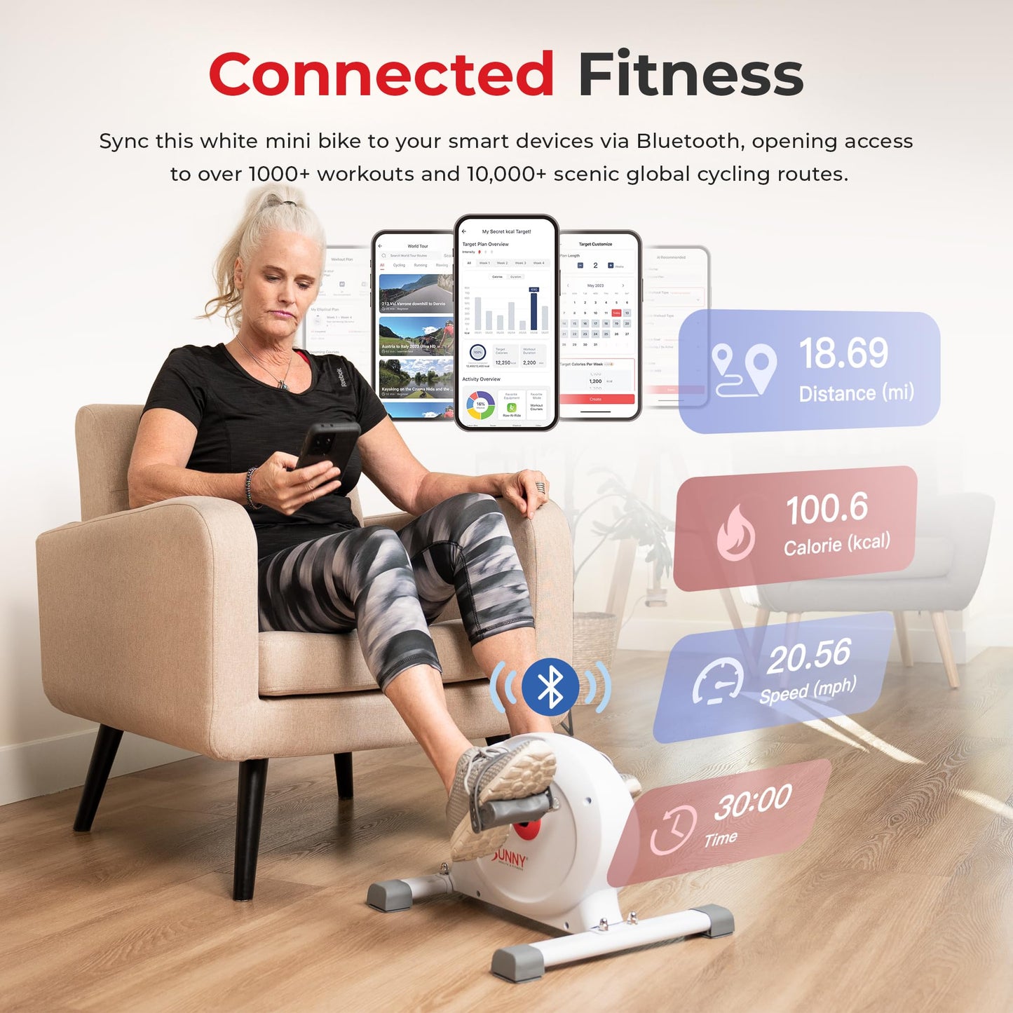 Sunny Health & Fitness (White) Under Desk Smart Mini Pedal Exerciser, Dual Function Exercise Cycle Bike with Low Profile Design - SF-B023005WHT