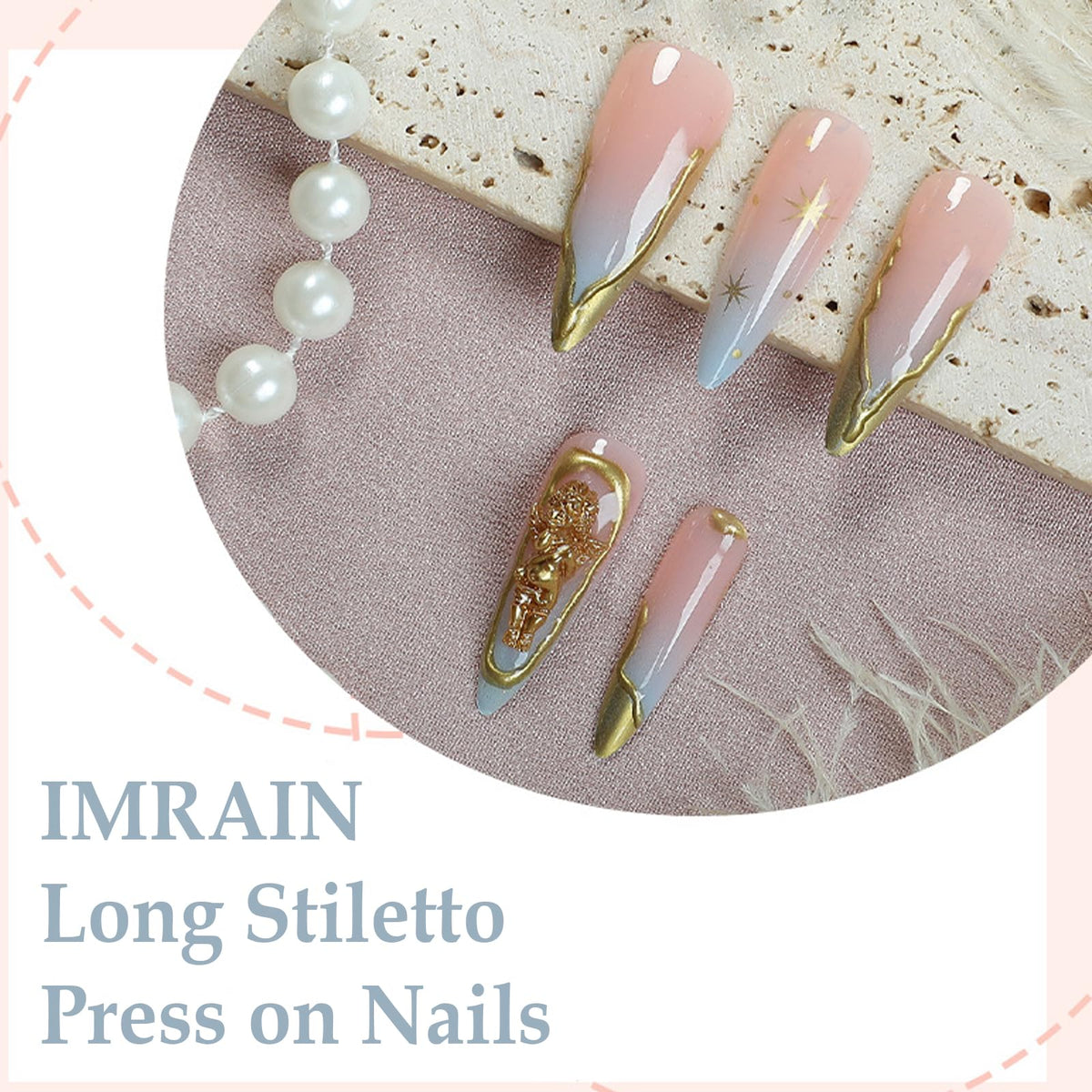 IMRAIN Long Press on Nails Stiletto Nude Blue Gradient Fake Nails 3D Golden Edge French Nail Tips Full Cover Handmade Acrylic Glossy False Nails with Angel Designs 24Pcs Elegant Manicure