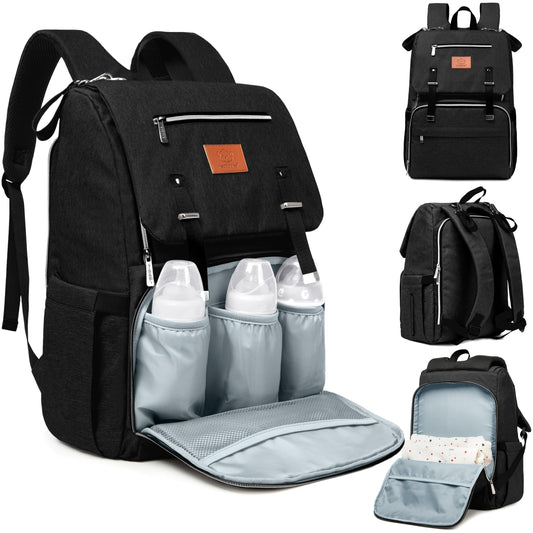 KeaBabies Baby Diaper Bag Backpack with Changing Pad - Waterproof Baby Bag for Mom and Dad, Insulated Bottle Pockets, Durable Toddler, Twin, Boy Girl Diaper Backpack for Travel, Large (Trendy Black)