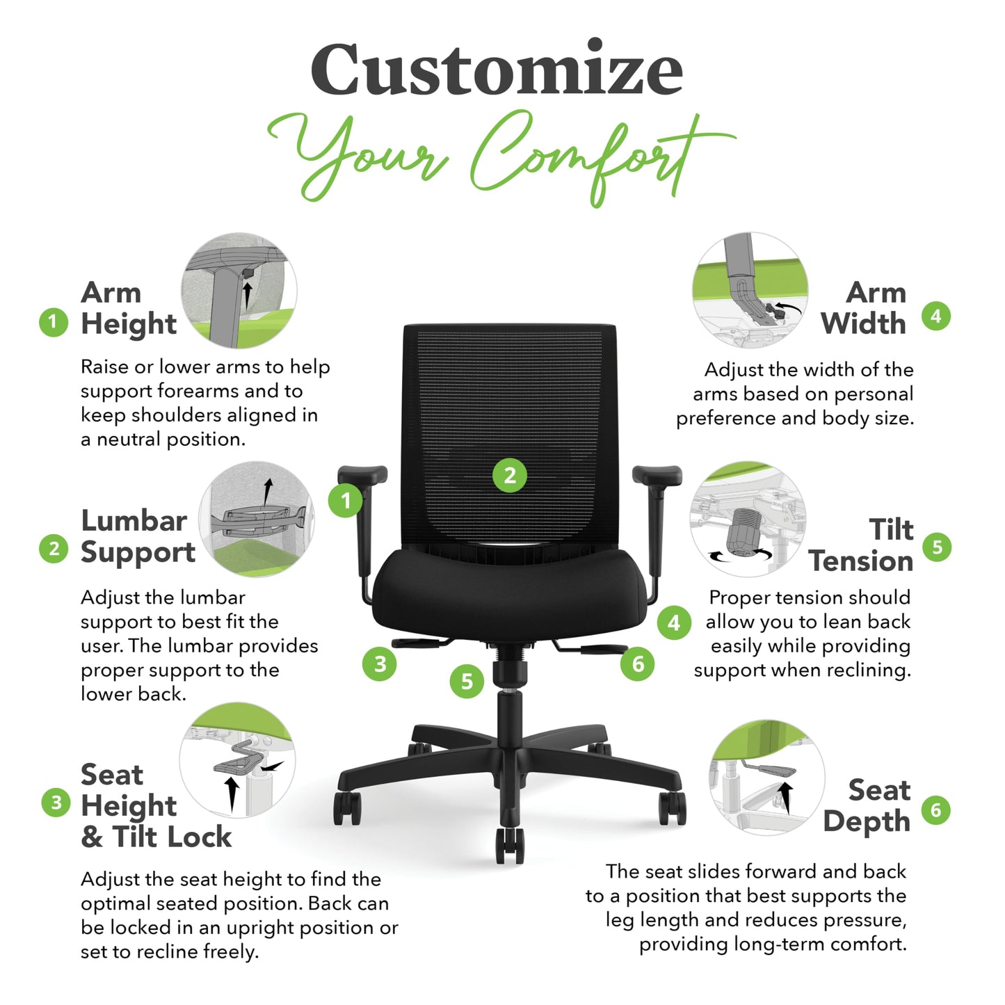 HON Convergence Ergonomic Office Chair, Breathable Back Support Mesh, Adjustable Arms, Computer Seating with Lumbar Support, Swivel Wheels, Synchro-Tilt Recline, Vinyl, Black