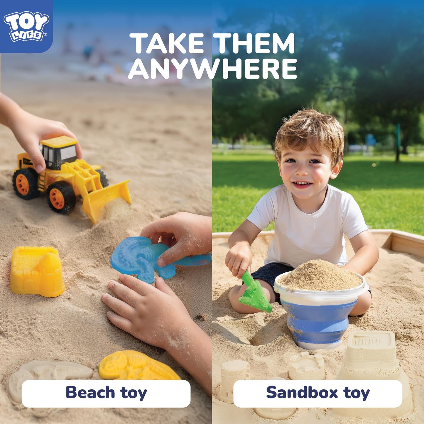 TOY Life 22 Pcs Dinosaur Beach Toys for Kids Ages 4-8 Collapsible Sand Toys with Construction Cars Silicone Bucket Shovels & Sand Castle Building Kit Molds, Sandbox Toy for Summer, Travel, Fishing
