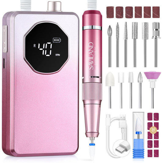 SAVILAND 2026 Electric Nail Drill Professional: 40000RPM 30-Second Removal & All-Day Runtime, Nail File with LED Display & Complete Bits Set for Acrylic, Dip Nails, Salon & Home Use (Gradient Pink)