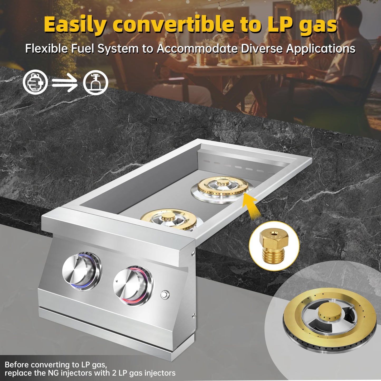 Qualipo Double Grilling Side Burners for Outdoor Kitchen, 2 * 17,000BTU Nature Gas Burners, Convertible to Liquid Propane, Heavy-Duty 304 Stainless Steel, Built-in Side Burner for BBQ Grill Island