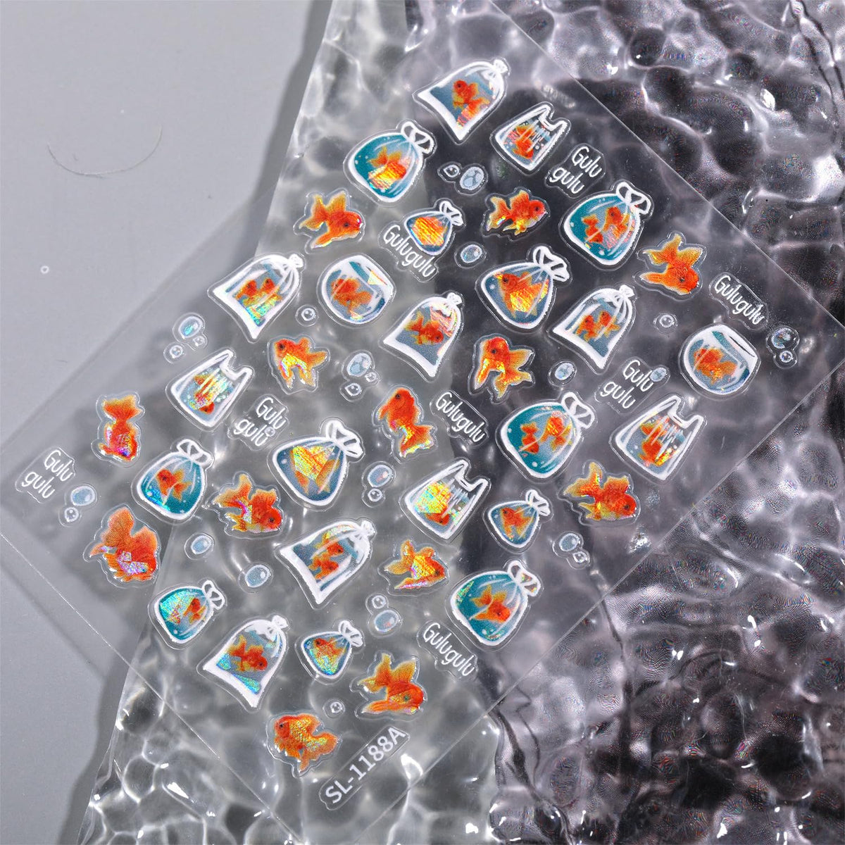 SIMAYKUWA Jelly Bag 3D Goldfish Nail Stickers - 5D Relief Ocean Theme Bubble Water Nail Art Decor, DIY Easy Apply Fake Nails for Women Girls, Cute Long Lasting Manicure Accessories A Set of 2 Sheets