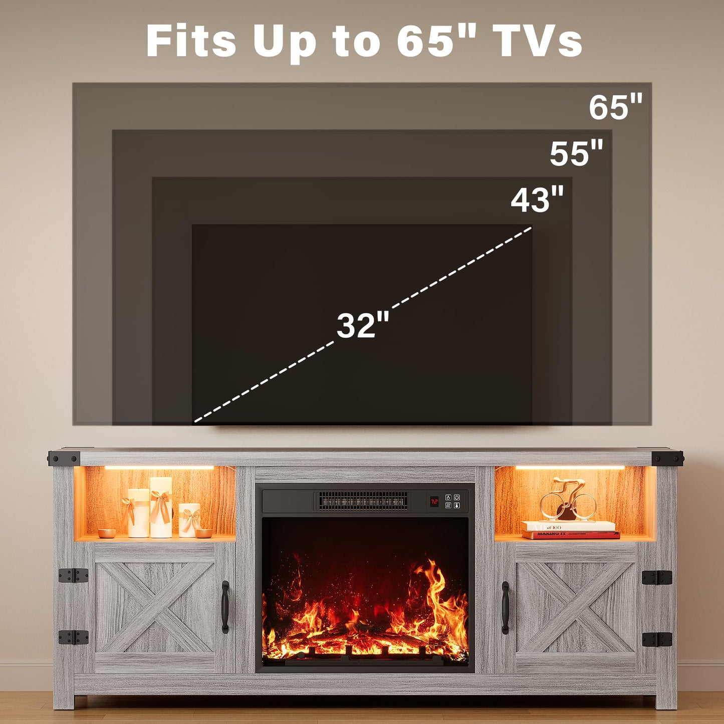 YESHOMY LED Fireplace TV Stand with Mood Lighting, TV Cabinet with Open Shelf, Farmhouse Media Console with Hidden Cable Routing, Entertainment Center for Televisions up to 65+ Inch, Gray Wash