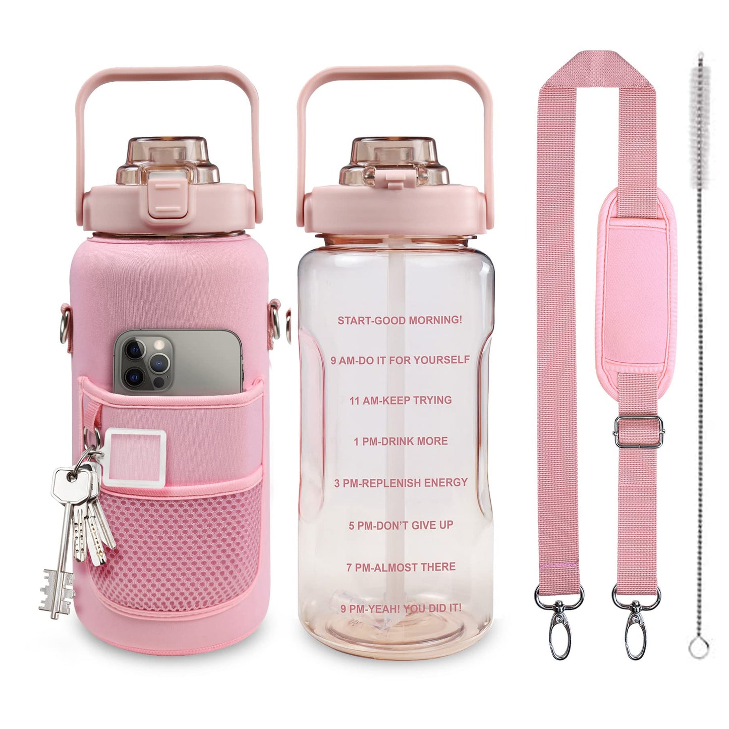 Chokoter Half Gallon Water Bottle with Sleeve, 64OZ Motivational Water Bottle with Straw & Time Marker, BPA Free Leakproof Gym for Sport Workout