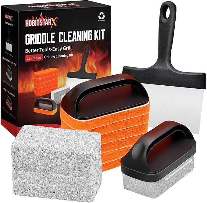 Griddle Cleaning Kit for Blackstone â Grill Stone, Non-Scratch Scouring Pads, Heavy-Duty Scraper & Ergonomic Handles â Flat Top Grill Accessories (12PCS Orange)