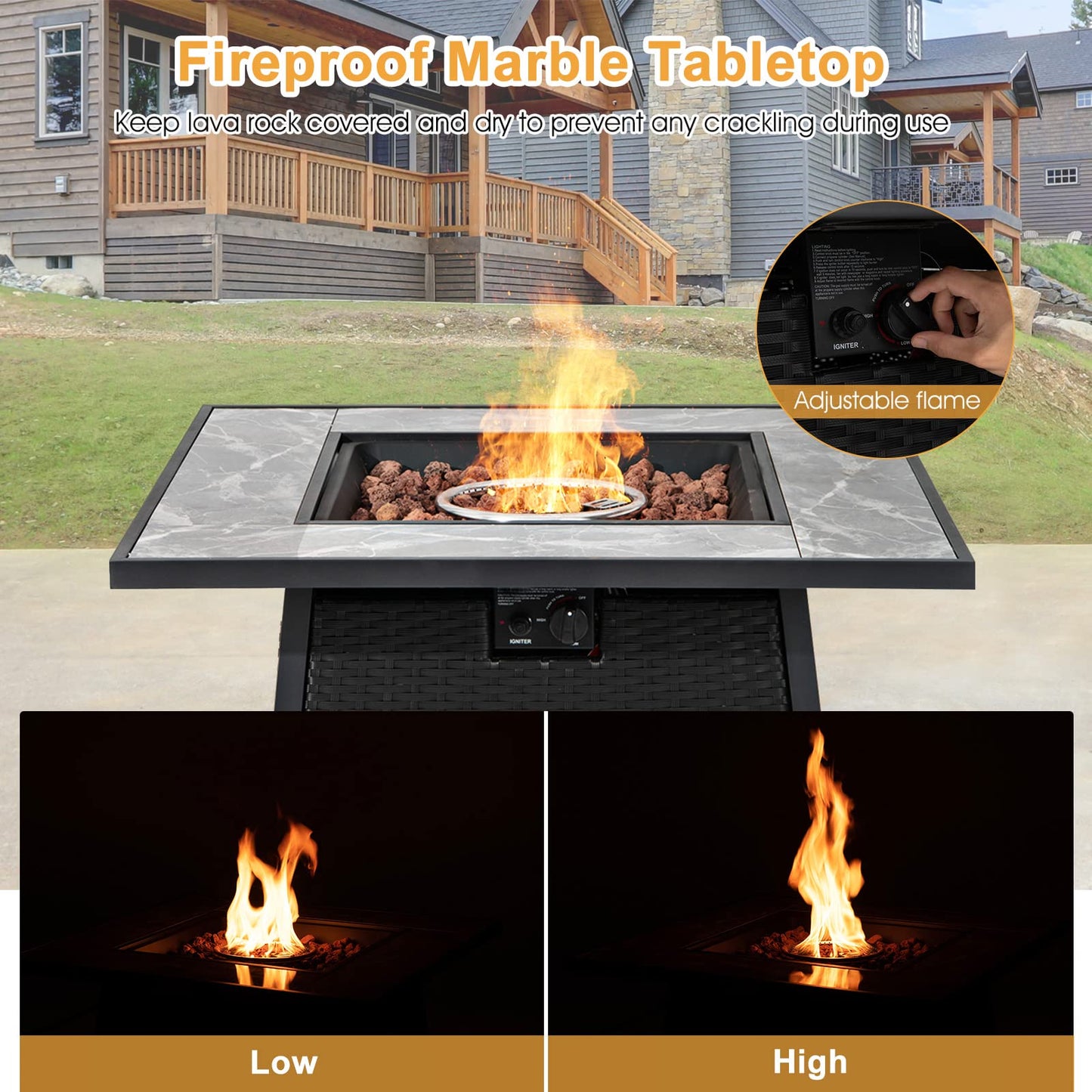Tangkula 35 Inch Rattan Propane Gas Fire Pit Table, Patiojoy 50,000 BTU Outdoor Wicker Patio Propane Fire Pit w/Lid, Lava Rocks and PVC Cover, Auto-Ignition Square Firepit Table with Marble Tabletop