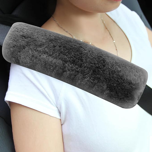 Amooca Authentic Sheepskin Seatbelt Cover Real Wool Car Truck SUV Airplane Seat Belt Shoulder Pad for Carmera Backpack Straps Neck Cushion Protector 2 Pack Dark Grey