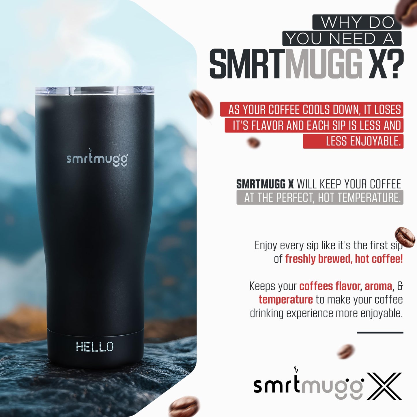 SMRTMUGG X Heated Coffee Mug 19 oz., 8 Hour Battery Life, Self-Heating, Adjustable Temp Controlled, LCD Screen, One Button Temperature Adjustment, Includes Cover with Magnetic Slider (Black) (Black)