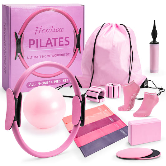 FlexiLuxe 14-Piece Pilates Kit for Home Workouts | Pilates Equipment Workout Set | Resistance Bands | Pilates Ring | Pilates Ball | Yoga Blocks | Home Pilates Kit | Pilates Workout Set | Home Pilates