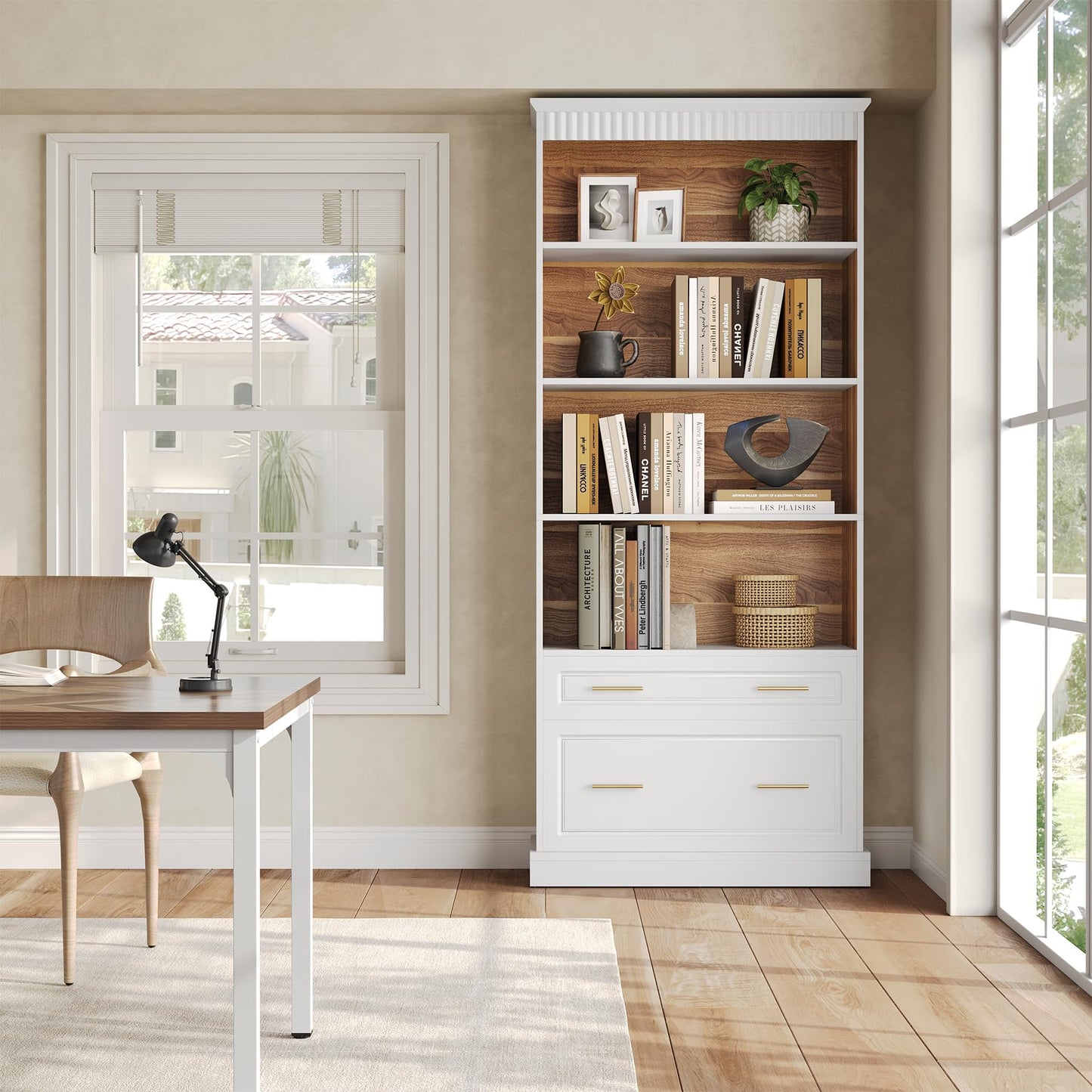LITTLE TREE 72-Inch Tall White Bookcase, 5-Tier Wooden Open Display Bookshelf with 2 Drawers fits Letter, Legal, A4 Size, Modern Floor Standing Storage Organizer for Home Office & Living Room,Bedroom