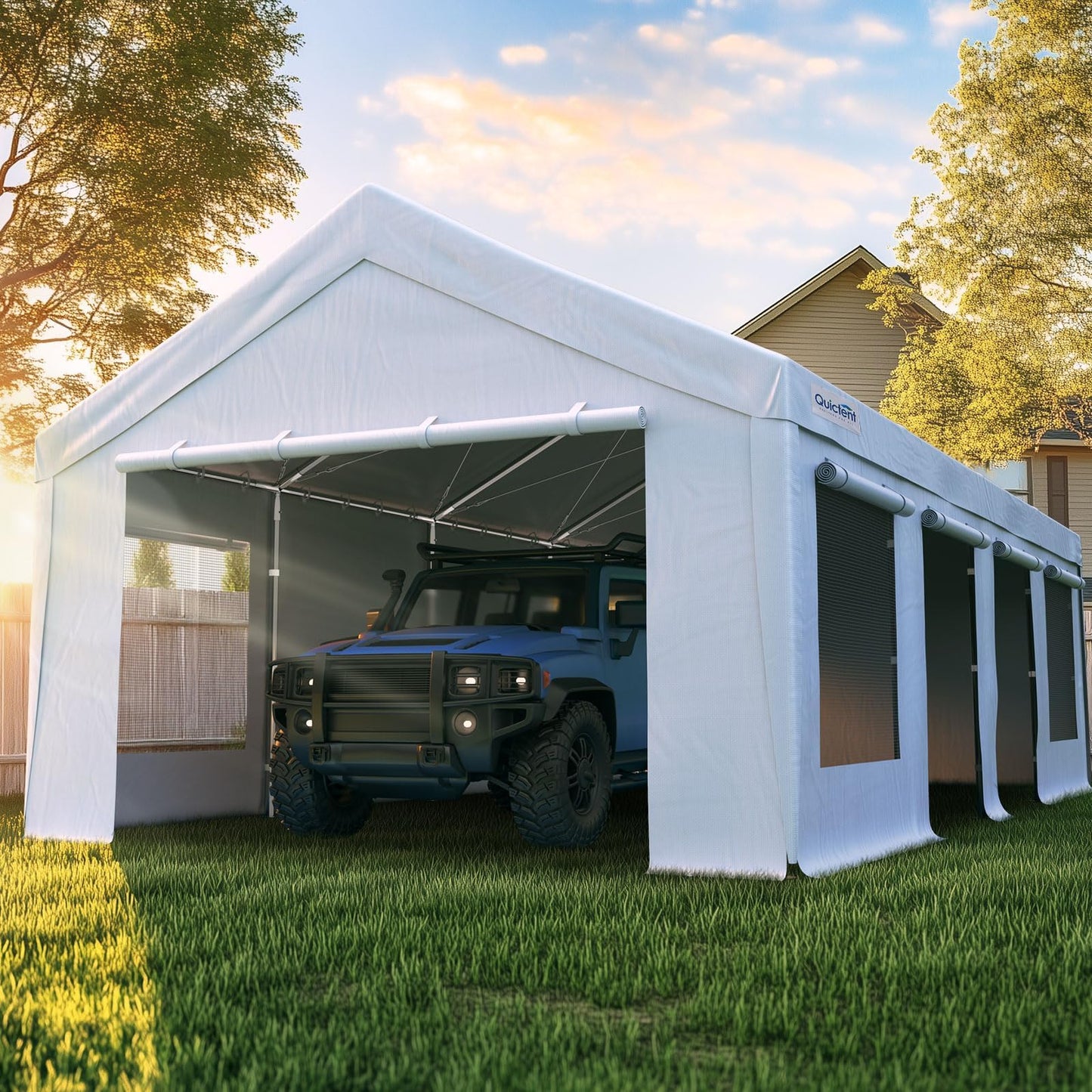 Quictent Heavy Duty 13x25 ft Carports with Side Zipper Doors & Snowproof Steel Cables & Ventilated Windows, Waterproof Storage Shelter for Car, Boat, RV, Outdoor Equipment, White