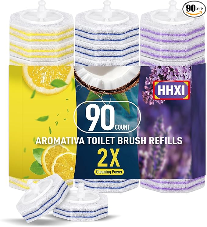 90Ct Aromative Toilet Brush Refills, Toilet Bowl Cleaner Refills, Double-Layer Cleaning Pads Added, Disposable Refill Heads for Toilet Bowl Cleaner Wandsï¼Lemon, Blue Ocean, Lavender ï¼Patentedï¼