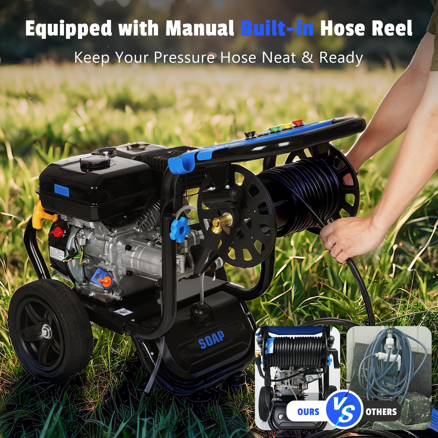 AACULPET 3600PSI Gas Pressure Washer, 2.3 GPM 212CC High Pressure Washers, 30FT Hose with Reel, Built-in Soap Tank, 5 Quick-Connect Nozzles, Axial Pump, Heavy Duty Gas Power Washer for Cars Driveways