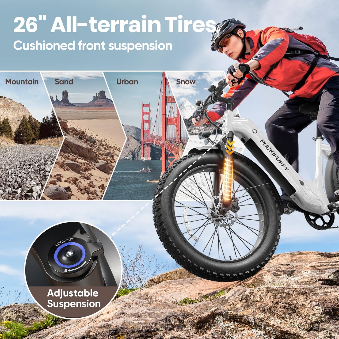 PUCKIPUPPY Electric Bike for Adults 960W, 26" Fat Tire, Step-Through Design Electric Mountain Hunting Bike, 48V 15AH Max 28MPH Off-Road Ebike with Rear Storage Shelf (White)