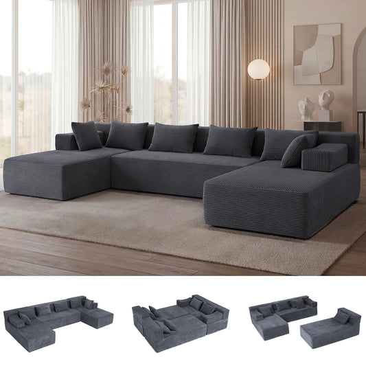 MONVANE 141'' Modular Sectional Sofa, PRO Version U-Shape Boneless Couch, Oversized Deep Seating Cloud Couch, No Assembly, High-Resilience Foam, Soft Corduroy Fabric, for Living Room Apartments Grey