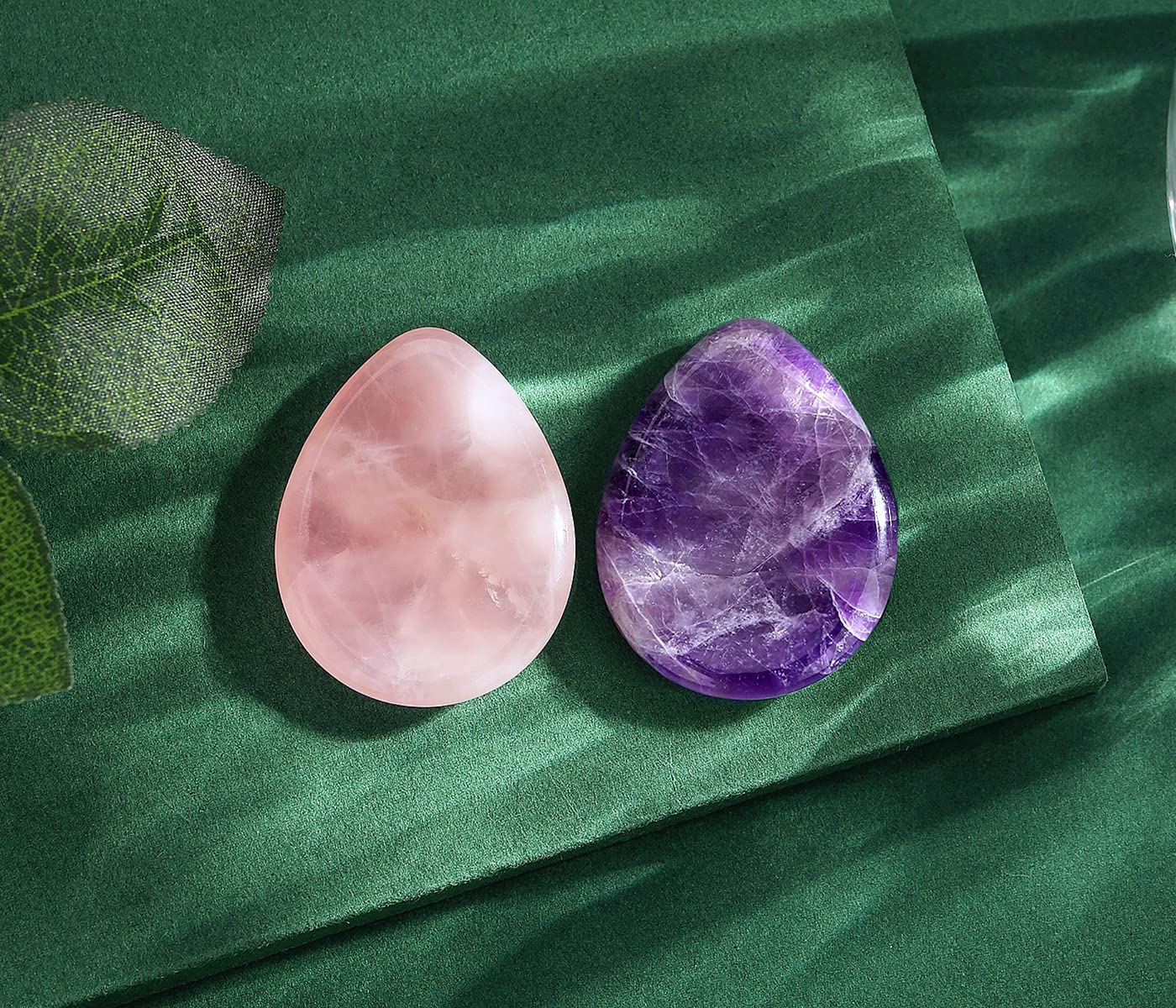 QINJIEJIE 2PCS Thumb Worry Stone for Anxiety Rose Quartz Amethyst Healing Crystals Sets Hand Carved Pocket Gemstones Meditation Crystal Reiki Palm Stone for Anxiety Relief Items