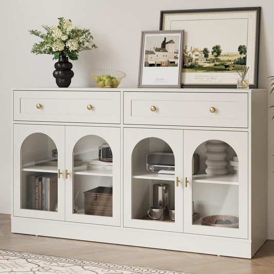 FansaFurn White Sideboard with Adjustable Shelves & 4 Doors, Kitchen Sideboards, Wood Coffee Bar Table for Living Room, Dining Room