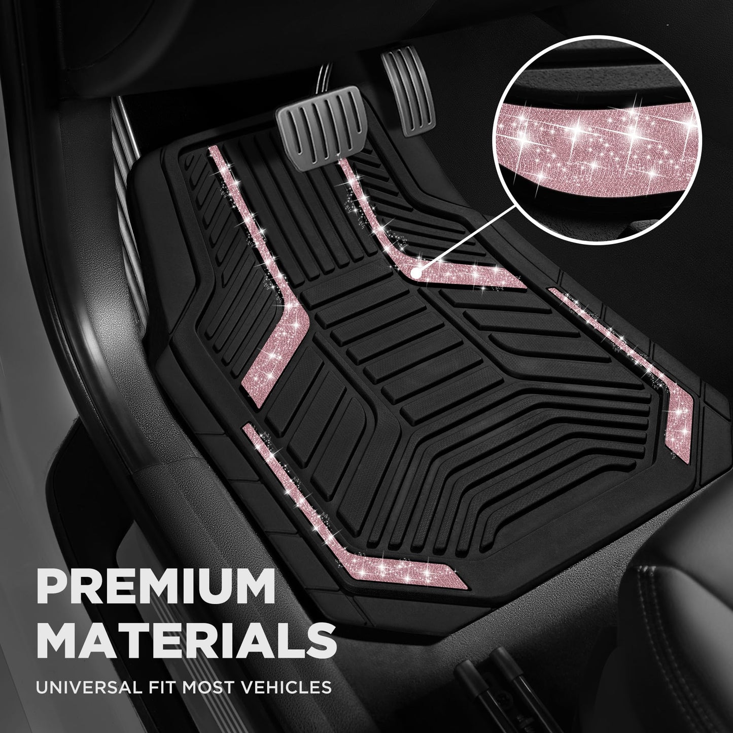 PIC AUTO Car Floor Mats, Pink Sparkly Crystal Bling Glitter Car Mats Set, Front and Rear Heavy Duty Rubber Car Mats with Anti-Slip Backing, All Weather, Trim-to-Fit for SUVs, Trucks, Sedan, Vans