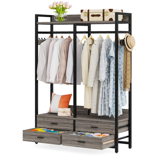 LITTLE TREE Clothes Rack, Heavy Duty Garment Rack with 4 Drawers, 8 Hooks and Storage Shelves, Wardrobe Closet Storage Rack for Bedroom, Living Room, Grey