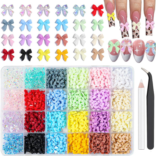 820 Pieces Bow Nail Charms 24 Color Nail Charms 3D Bows for Nails Includes 5 Colors Transparent Bow Charms for Nails with Pickup Tool Cute Colorful Nail Bows for Manicure DIY Decoration