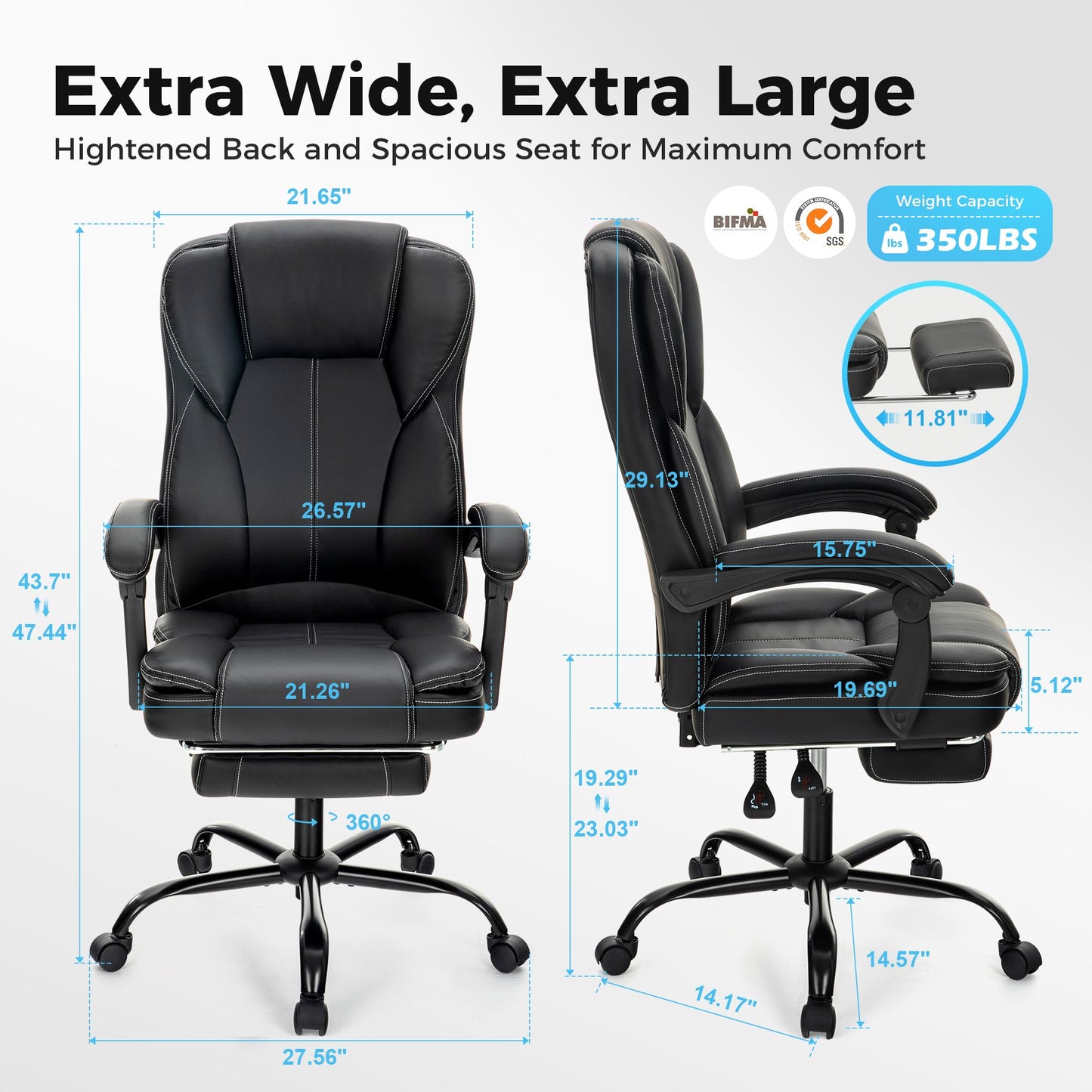 MAISON ARTS Ergonomic Office Chair, Big and Tall Executive Chair with Foot Rest, Computer Desk Chair with Padded Armrests, Rolling Swivel Faux Leather Chair for Home Office Man Woman, Black