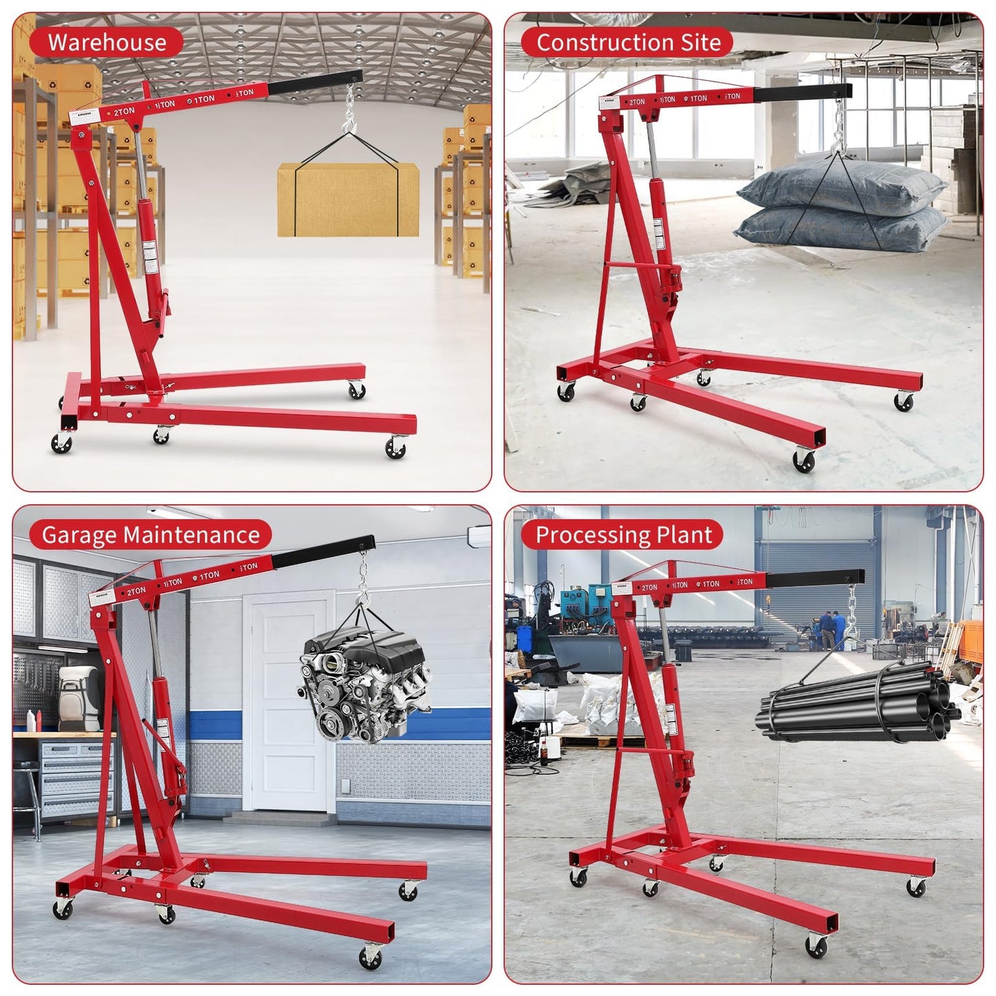 GarveeTech 2-Ton Folding Engine Hoist Cherry Picker 4400 Lb Capacity Hydraulic Shop Crane with Telescoping Boom 6 Caster Wheels for Automotive Repair Garage Use Includes Hitch and Storage Stand Red