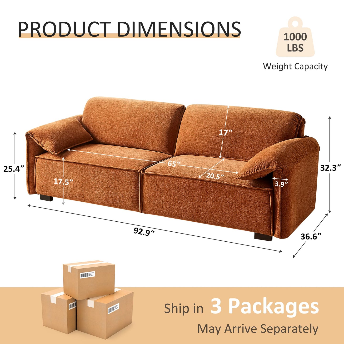 VANOMi 92.9" Sofa Couch for Living Room, Modern Comfy 3-Seater Cloud Sofas, Chenille Small Couches for Small Spaces, Upholstered Deep Seat Couch for Bedroom, Apartment (Curry)