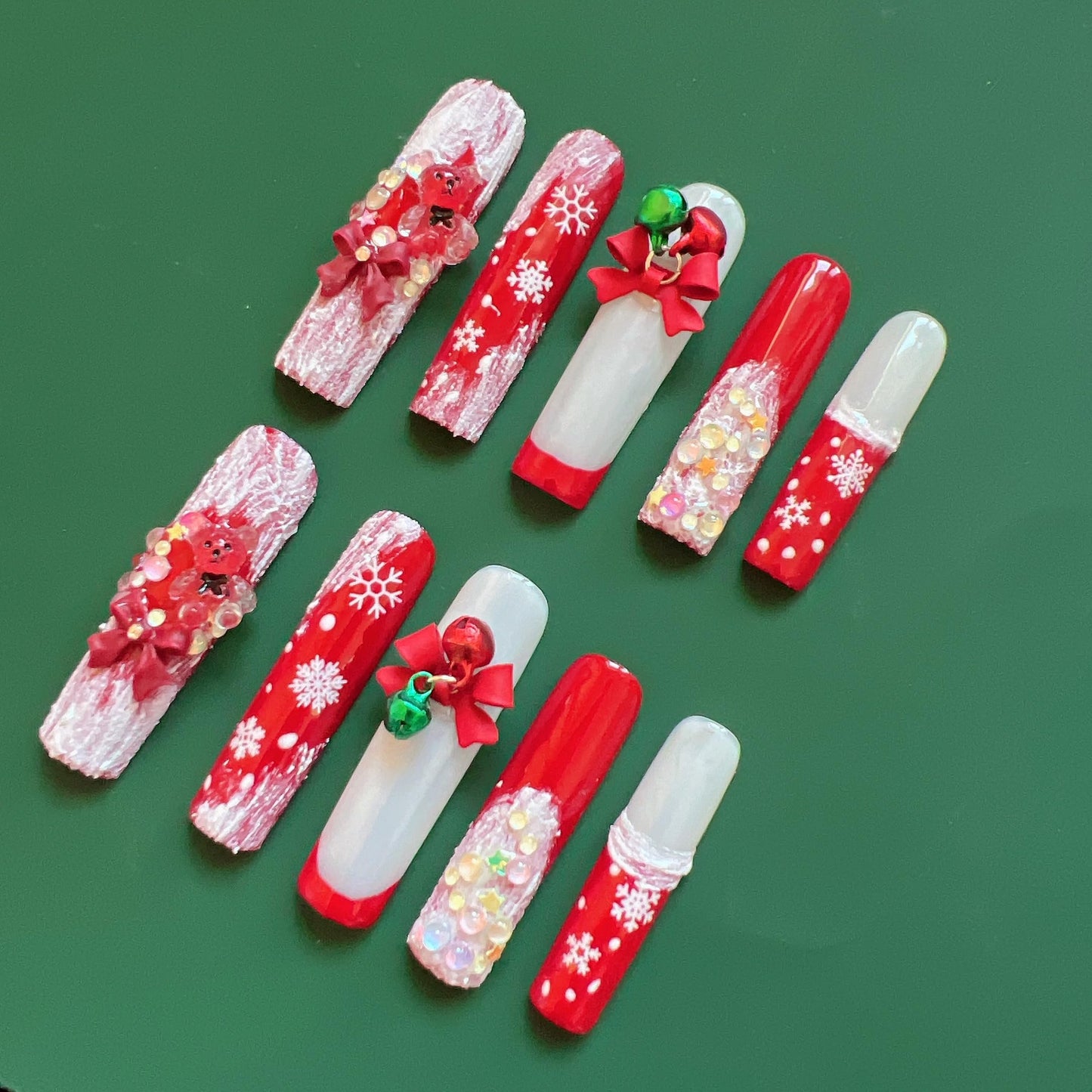 NAIL ANGEL 10PCS/SET Glamorous Handmade Press On Nails Christmas Xmas Holiday Snowman Bell Snowflake French Style Long Coffin Nails Party Nails XXL Long Artifical Tips ZJ-13 (ZJ13, M)