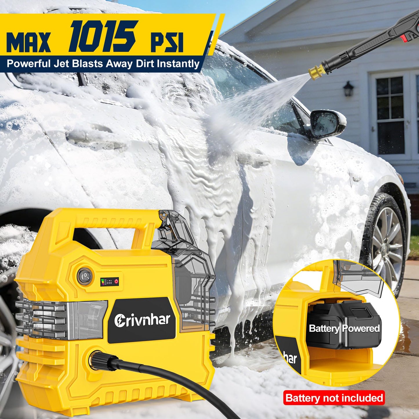 Cordless Pressure Washer Battery Powered Compatible for Dewalt 20V/60V Battery, 1015 PSI Brushless Power Washer with 4 Nozzles & Built-in Storage, for Car, Patio, Driveway, Wall Cleaning(Tool Only)