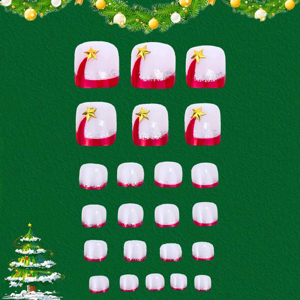 Christmas Red French Press on Toenails Short Square Fake Toenails Santa Hat Toe Nail Tips Silver Glitter French False Toenails Full Cover Glossy Christmas Acrylic Toe Nails Decorations for Women 24Pcs