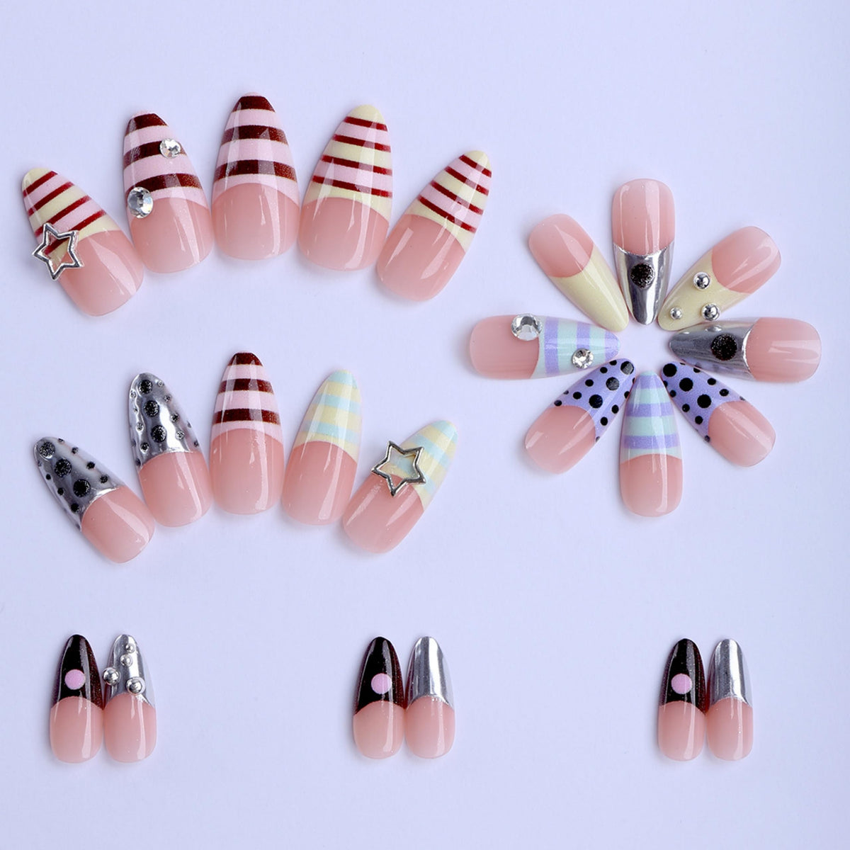 Long Press on Nails Almond Fake Nails Acrylic Nail Press ons Seeneey Silver Charm Y2K Rhinestones Designs Beach Stick on Nail for Women 24pcs