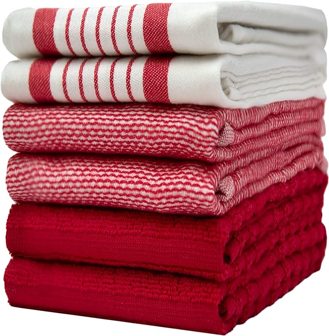 Premium Kitchen Towels (20âx 28â, 6 Pack) | Large Cotton Dish Towels | Flat & Terry Highly Absorbent Kitchen Linen Set with Hanging Loop | Red Striped