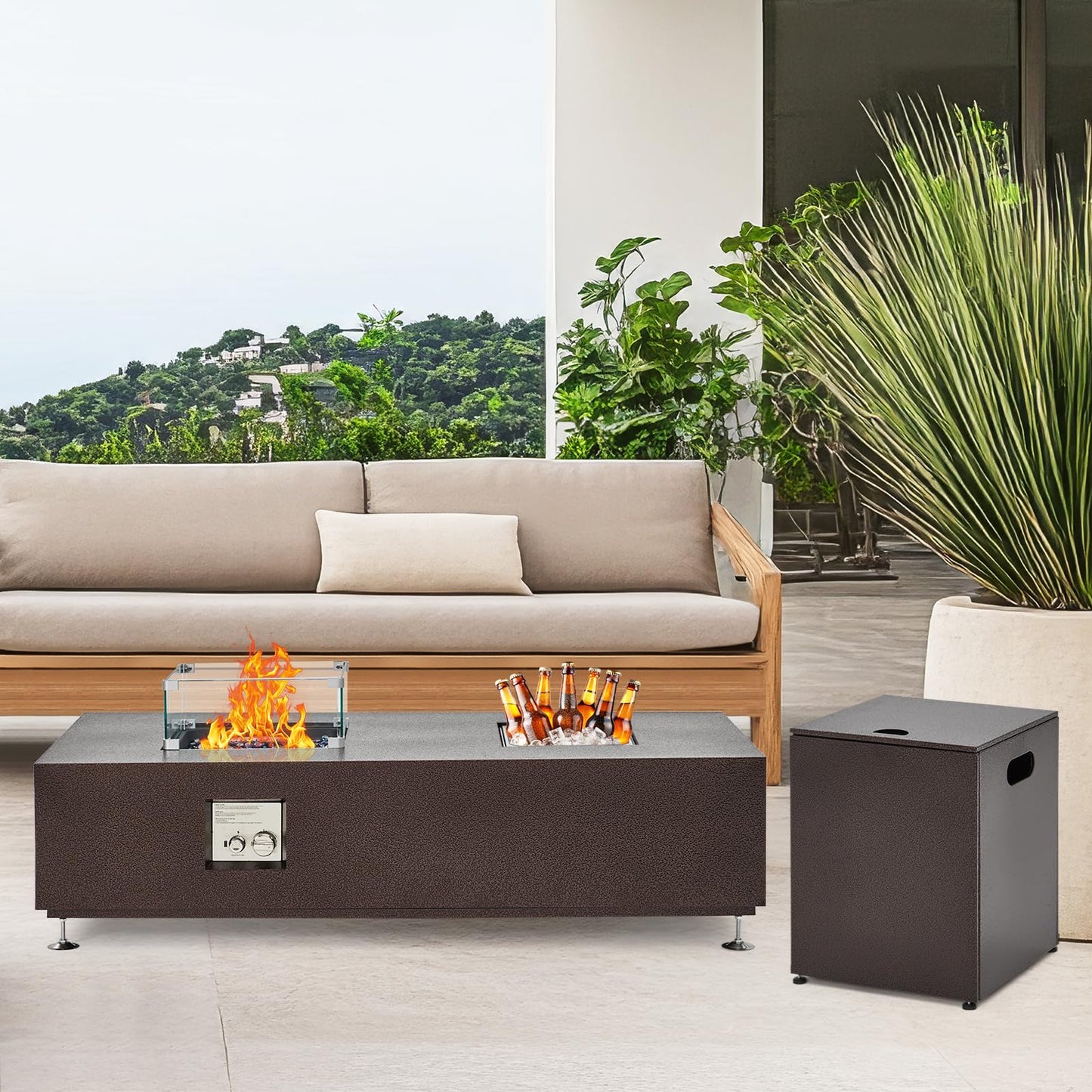 56 in Propane Fire Pit Table with Ice Bucket，50000BTU Fire Table with 13 in Square Drink Ice Bucket Wind Guard, Fire Glass Beads & CSA Safety Certified Outdoor Firepit for Patio Garden