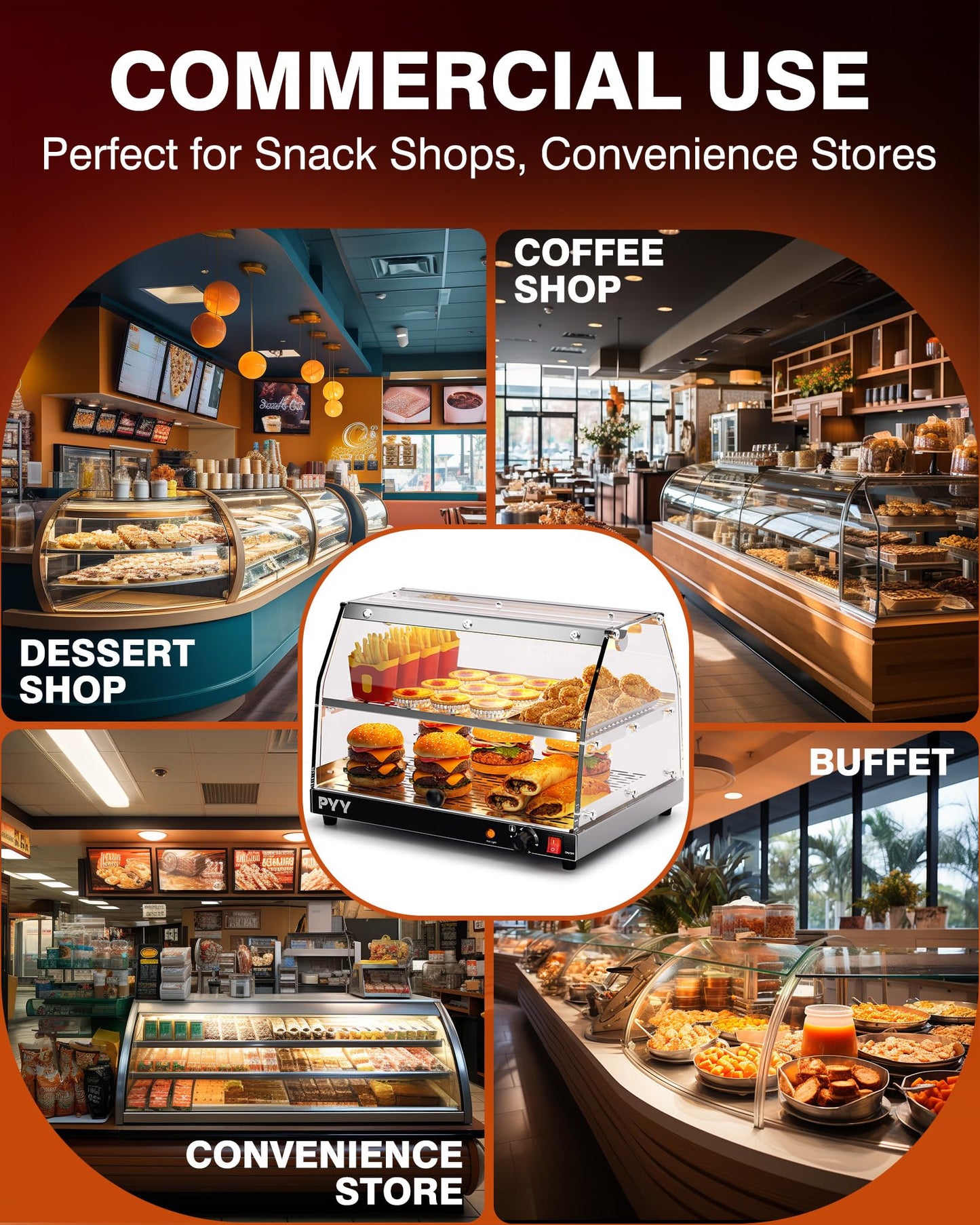 PYY Commercial Food Warmer Display, Electric Countertop Food Warmer with LED Lighting Adjustable Glass Door, 2-Tier Pastry Display Case for Buffet Restaurant Silver