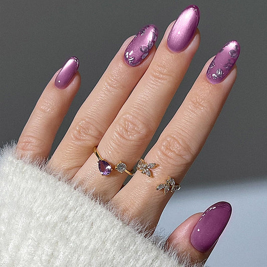 Rose Flower Press on Nails with 3D Design Floral False Nails Glossy Purple French Tips Medium Almond Fake Nail Leaf Stick on Nail Sparkly Glitter Glue on Artificial Fingernails for Women Daily Wear