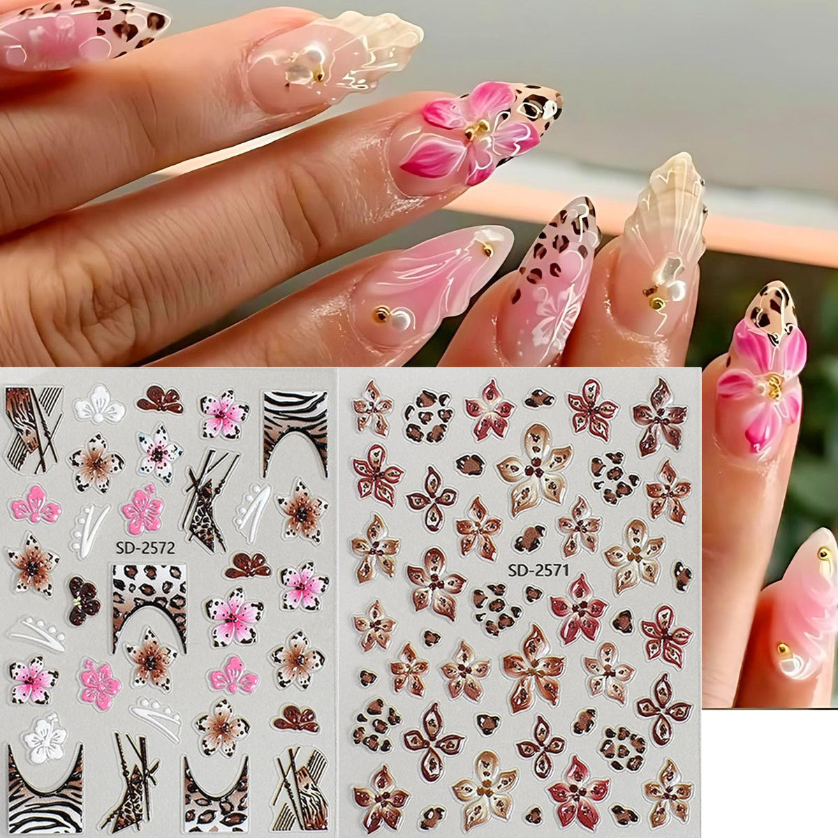 French Leopard Print Flower Nail Art Stickers 3 Sheets 5D Embossed Orchid Lily Cherry Blossom Floral Wild Leopard Print Press On Nails Decals Nail Charms Japanese Style Decorations Nail Stuff