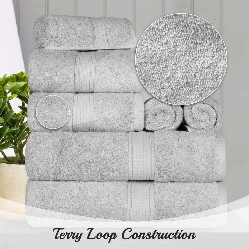 Superior Egyptian Cotton Pile 10 Piece Towel Set, Includes 2 Bath, 4 Hand, 4 Face Towels/ Washcloths, Ultra Soft Luxury Towels, Thick Plush Essentials, Guest Bath, Spa, Hotel Bathroom, Silver
