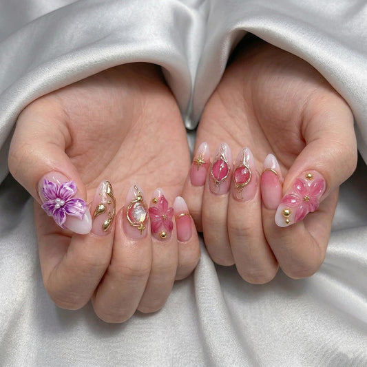 Almond Press on Nails Medium Fake Nails Pink Acrylic Nail Press Ons Seeneey Purple Floral and Gold Charm Designs Beach Stick on Nail for Women 30pcs