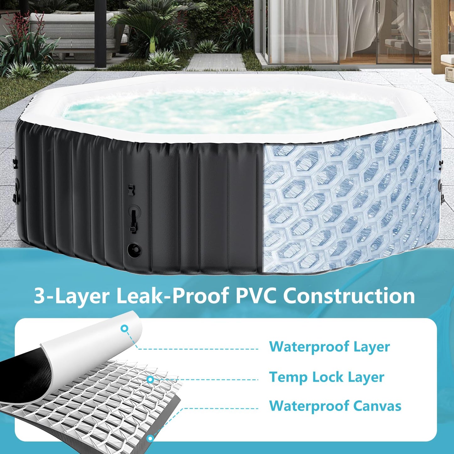 Inflatable Hot Tub, 4-6 Person Large Polygon Portable Blow Up Hot Tub, Leak-Proof PVC Outdoor Spa with 130 Air Jets, Heater Pump and Insulated Cover, 77” X 25”