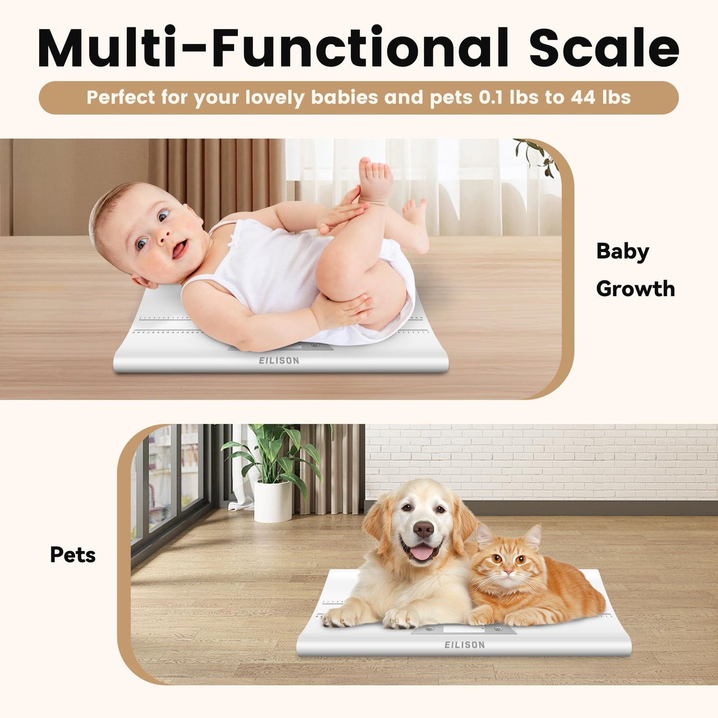 EILISON Baby Scale with Height Measuring - Digital Weight Scale for Infants, Toddlers & Pets - 0.1-44 lbs, Tare Function, Hold Feature, Accurate Baby Weighing Scale for Growth Tracking (White)