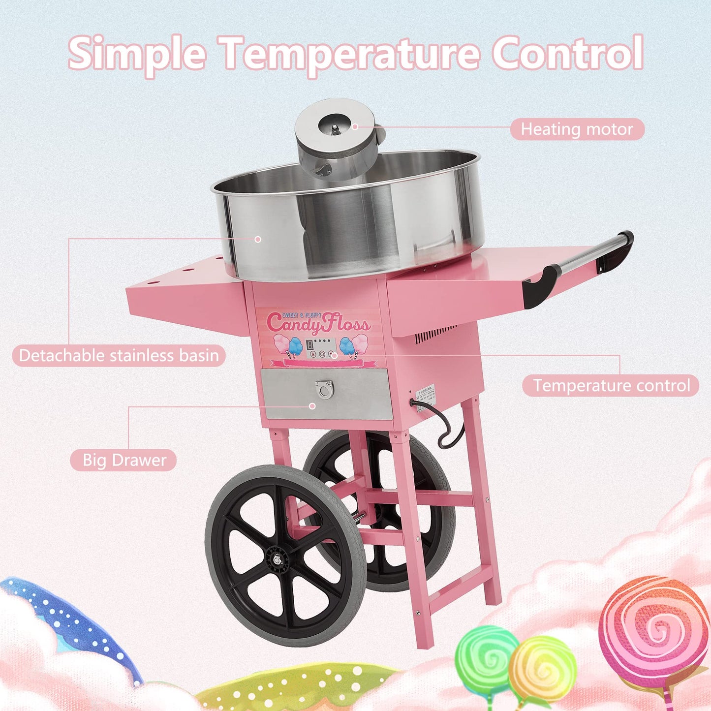 Electric Cotton Candy Machine,Stainless Steel Cart Cotton Candy Machine for Kids in Outdoors,with Sugar Spoons and Drawers,for Birthday Parties and Family Use,Pink