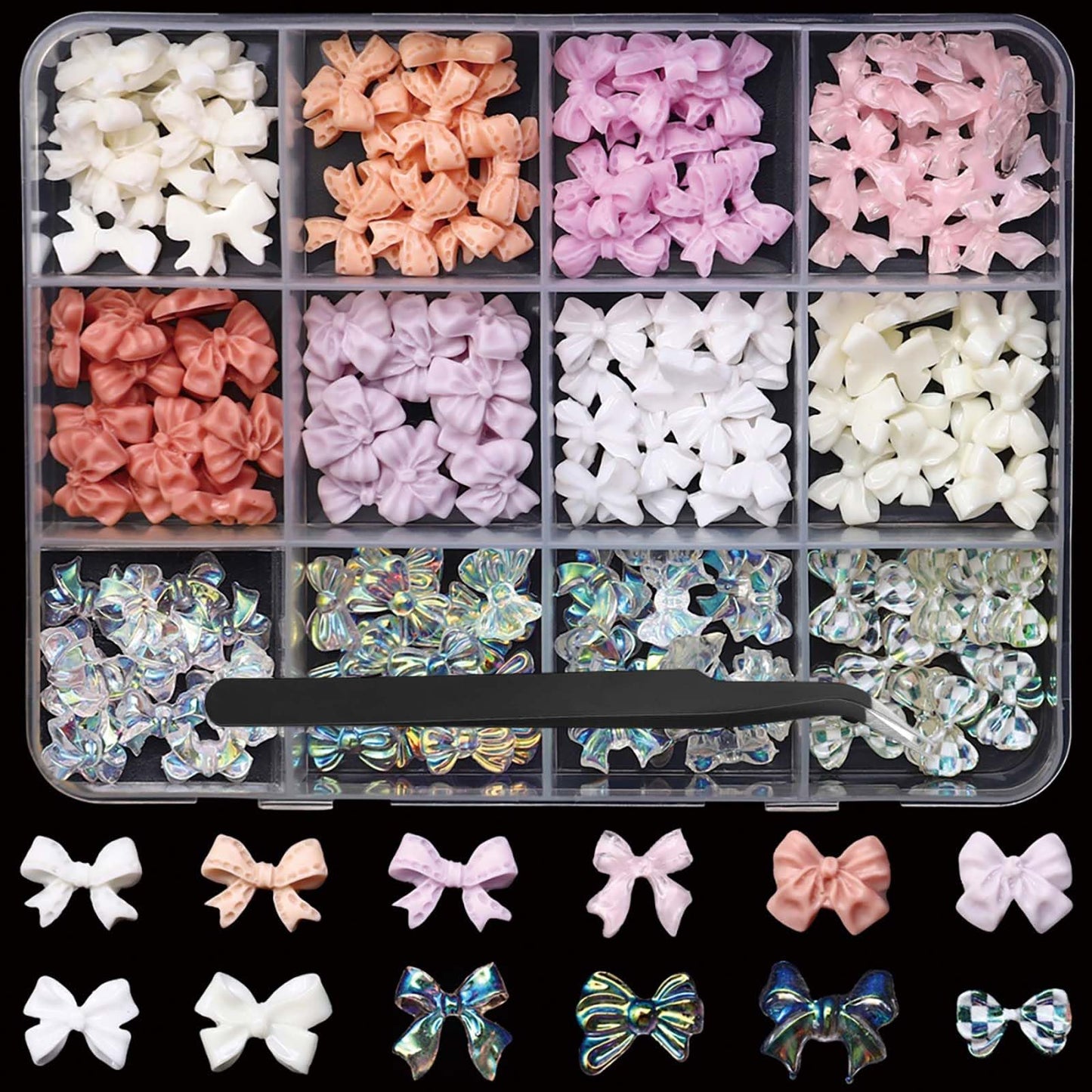 Bow Nail Charms 3D Resin Pink White Nail Gems Cute AB Crystal Bowknot Nail Jewels Shiny Bowknots Nail Art Supplies for Women DIY Acrylic Nail with Tweezers 12 Grids 1 Box 12 Styles